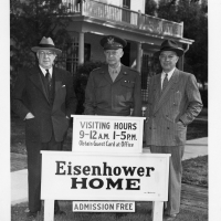 6.7.1947 Eisenhower brothers Arthur, Ike, Milton in front of the family home just prior to the public